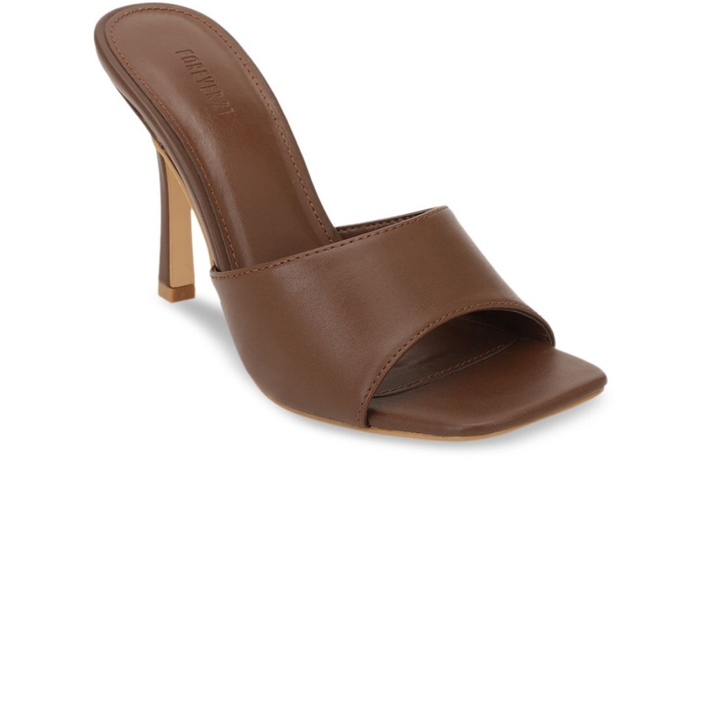 Brown Leather Square-Toe Slide Heels